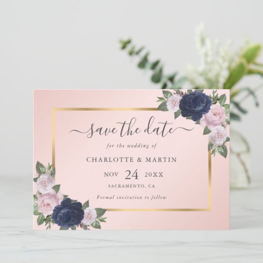 Navy Blue Blush Pink Rose Gold Wedding Save The Date (Staand voorkant)