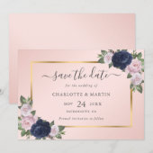 Navy Blue Blush Pink Rose Gold Wedding Save The Date (Voorkant / Achterkant)