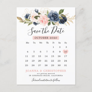 Navy Blue Blush Pink Rose Kalender Sla de datum op Aankondigingskaart