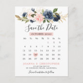 Navy Blue Blush Pink Rose Kalender Sla de datum op Aankondigingskaart (Voorkant)