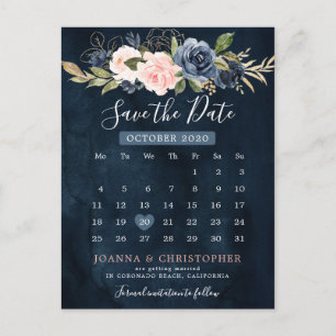 Navy Blue Blush Pink Rose Kalender Sla de datum op Aankondigingskaart