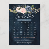 Navy Blue Blush Pink Rose Kalender Sla de datum op Aankondigingskaart (Voorkant)