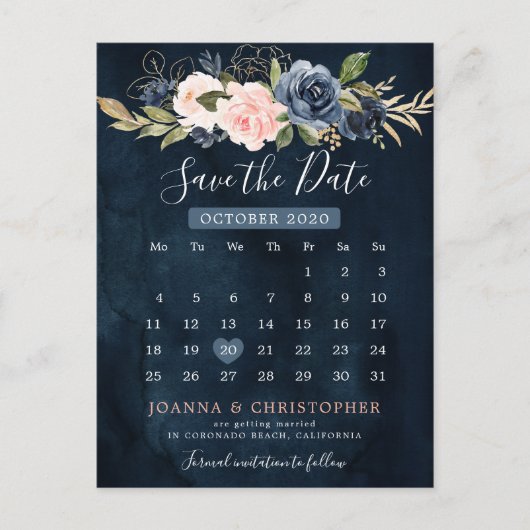 Navy Blue Blush Pink Rose Kalender Sla de datum op Aankondigingskaart (Voorkant)