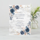 Navy Blue Blush PInk Rose Marble Floral Wedding Kaart (Staand voorkant)