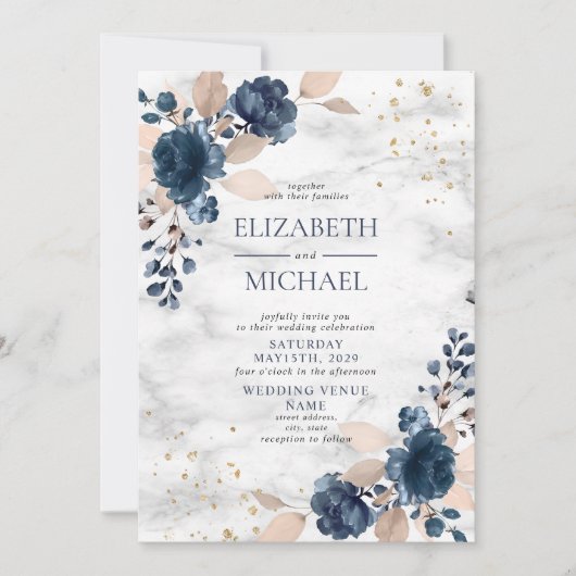 Navy Blue Blush PInk Rose Marble Floral Wedding Kaart (Voorkant)