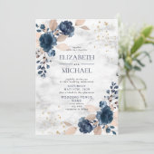 Navy Blue Blush PInk Rose Marble Floral Wedding Kaart (Staand voorkant)