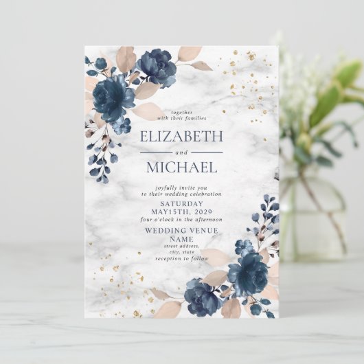Navy Blue Blush PInk Rose Marble Floral Wedding Kaart (Staand voorkant)