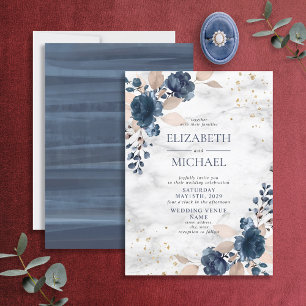 Navy Blue Blush PInk Rose Marble Floral Wedding Kaart