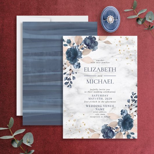 Navy Blue Blush PInk Rose Marble Floral Wedding Kaart