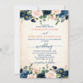 Navy Blue Blush Pink Rose Rustic Boho Wedding Kaart (Voorkant)