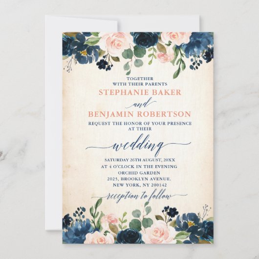 Navy Blue Blush Pink Rose Rustic Boho Wedding Kaart (Voorkant)