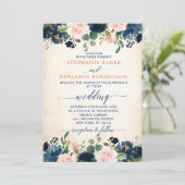 Navy Blue Blush Pink Rose Rustic Boho Wedding Kaart (Staand voorkant)