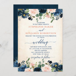 Navy Blue Blush Pink Rose Rustic Boho Wedding Kaart