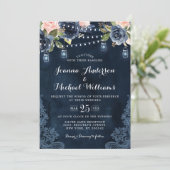 Navy Blue Blush Pink Rose String Lights Weddenscha Kaart (Staand voorkant)