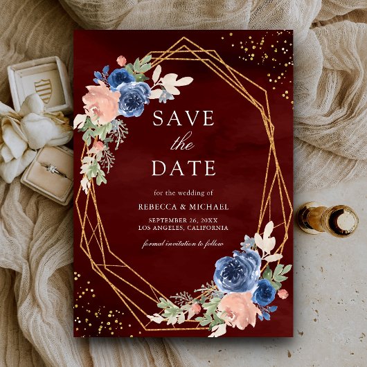 Navy Blue Blush Pink Roses Bourgogne Huwelijk Save The Date