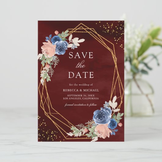 Navy Blue Blush Pink Roses Bourgogne Huwelijk Save The Date (Staand voorkant)