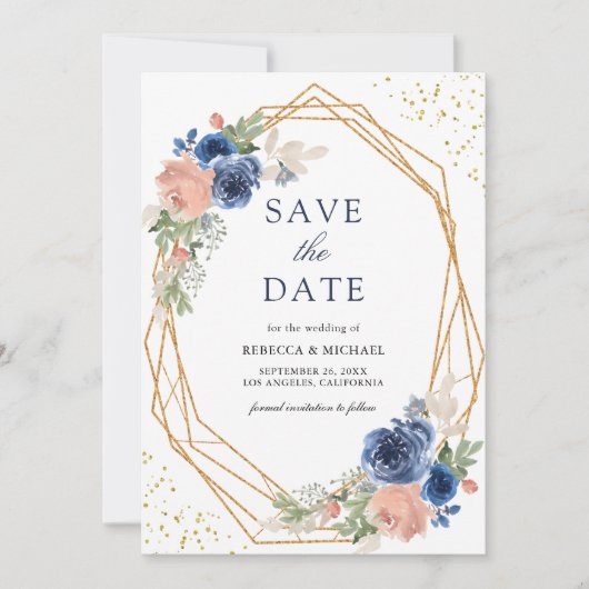 Navy Blue Blush Pink Roses Geometrische bruiloft Save The Date (Voorkant)