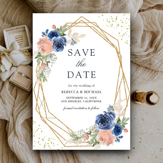 Navy Blue Blush Pink Roses Geometrische bruiloft Save The Date