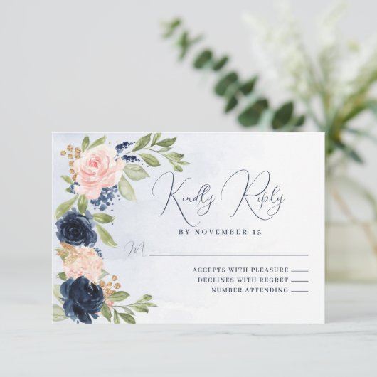 Navy Blue Blush Pink RSVP-reactiekaart RSVP Kaartje (Staand voorkant)
