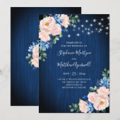 Navy Blue Blush Pink String Lights Bloemen Huwelij Kaart (Voorkant / Achterkant)