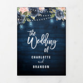 Navy Blue Blush Pink String Lights Drievoudig huwe Drieluik Aankondiging (Cover)