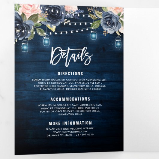 Navy Blue Blush Pink String Lights Drievoudig huwe Drieluik Aankondiging (Binnenzijde eerst)