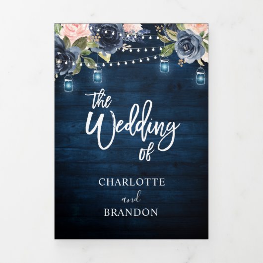 Navy Blue Blush Pink String Lights Drievoudig huwe Drieluik Aankondiging (Cover)