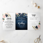 Navy Blue Blush Pink String Lights Drievoudig huwe Drieluik Aankondiging (Binnen)
