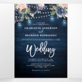 Navy Blue Blush Pink String Lights Drievoudig huwe Drieluik Aankondiging (Binnenkant midden)