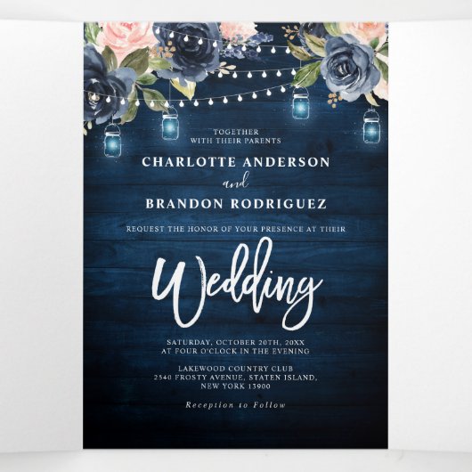 Navy Blue Blush Pink String Lights Drievoudig huwe Drieluik Aankondiging (Binnenkant midden)