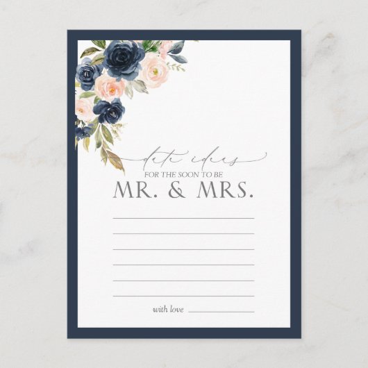 Navy Blue Blush Pink Waterverf Floral Date Ideeën Briefkaart (Voorkant)