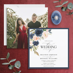 Navy Blue Blush Pink Waterverf Foto Kaart