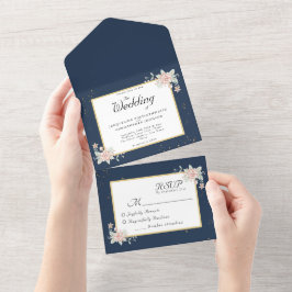 Navy Blue Blush Pink Wedding All In One Uitnodiging