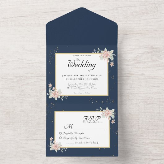 Navy Blue Blush Pink Wedding All In One Uitnodiging (Binnen)