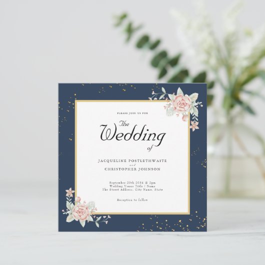 Navy Blue Blush Pink Wedding Invitation Kaart (Staand voorkant)