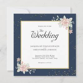 Navy Blue Blush Pink Wedding Invitation Kaart