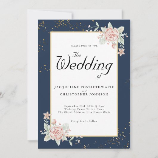 Navy Blue Blush Pink Wedding Kaart (Voorkant)