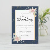 Navy Blue Blush Pink Wedding Kaart (Staand voorkant)