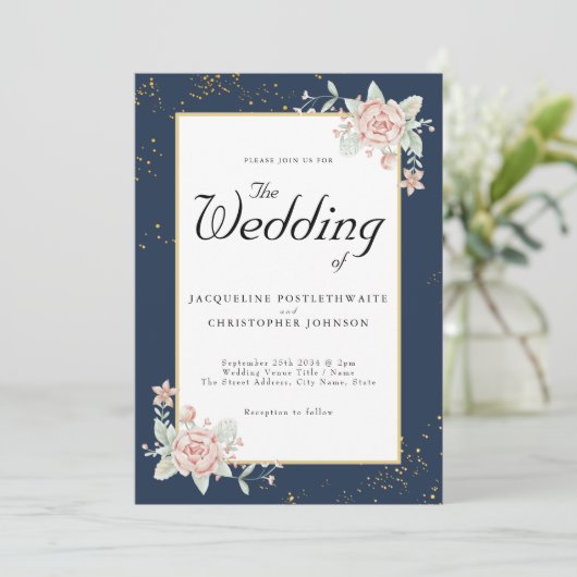 Navy Blue Blush Pink Wedding Kaart (Staand voorkant)