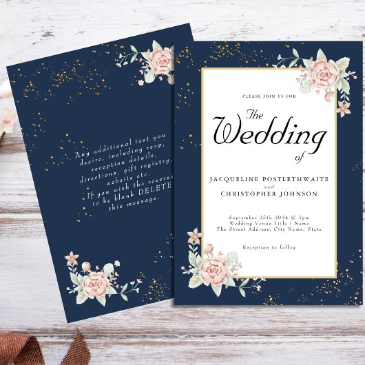 Navy Blue Blush Pink Wedding Kaart