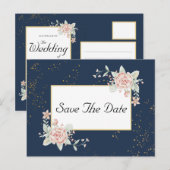 Navy Blue Blush Pink Wedding Save the Date Briefkaart (Voorkant / Achterkant)