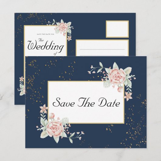 Navy Blue Blush Pink Wedding Save the Date Briefkaart (Voorkant / Achterkant)