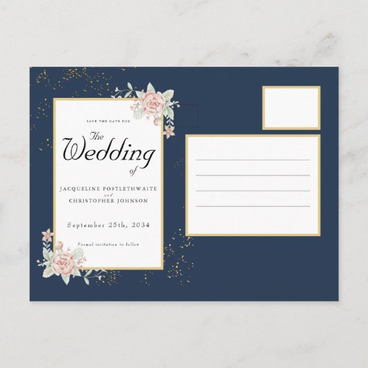 Navy Blue Blush Pink Wedding Save the Date Briefkaart (Achterkant)