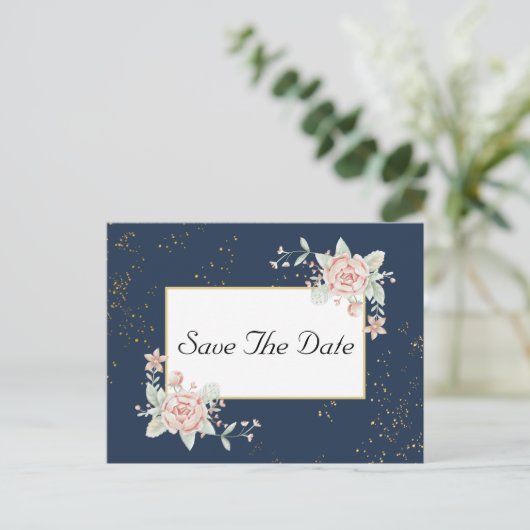 Navy Blue Blush Pink Wedding Save the Date Briefkaart (Staand voorkant)