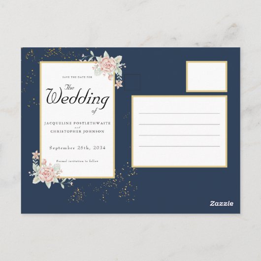 Navy Blue Blush Pink Wedding Save the Date Briefkaart (Achterkant)