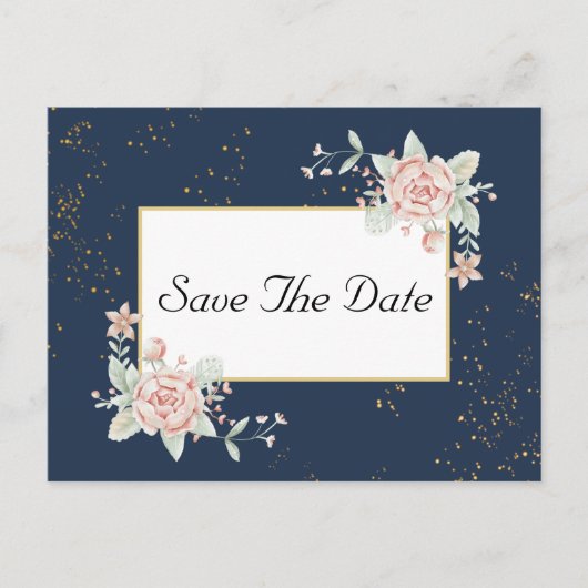 Navy Blue Blush Pink Wedding Save the Date Briefkaart (Voorkant)