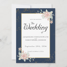Navy Blue Blush Pink Wedding Save the Date Kaart