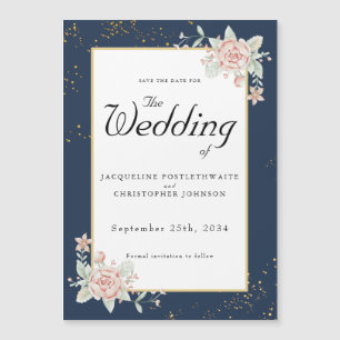 Navy Blue Blush Pink Wedding Save the Date Magnetische Uitnodiging