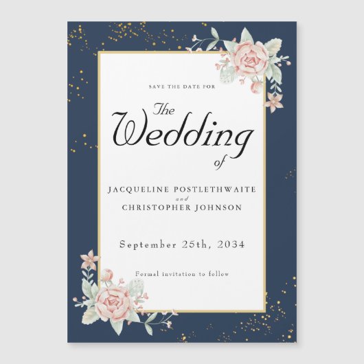 Navy Blue Blush Pink Wedding Save the Date Magnetische Uitnodiging (Voorkant)
