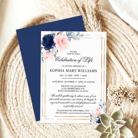 Navy Blue & Blush Roos begrafenis Kaart